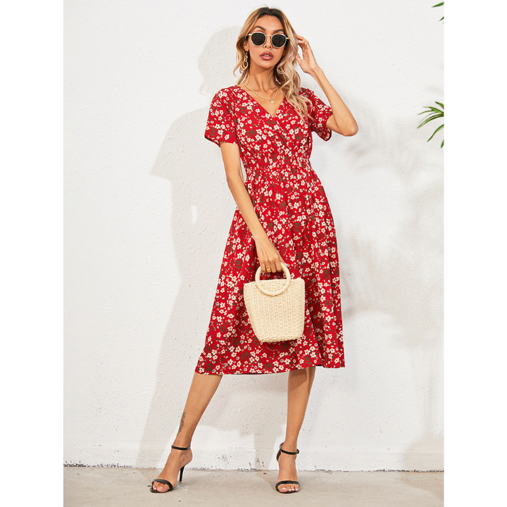 Donya | Robe Fleurie À Manches Courtes Et Col En V Pour Femme | Midi