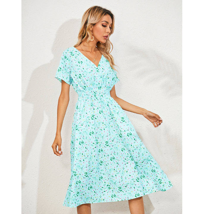 Donya | Robe Fleurie À Manches Courtes Et Col En V Pour Femme | Midi