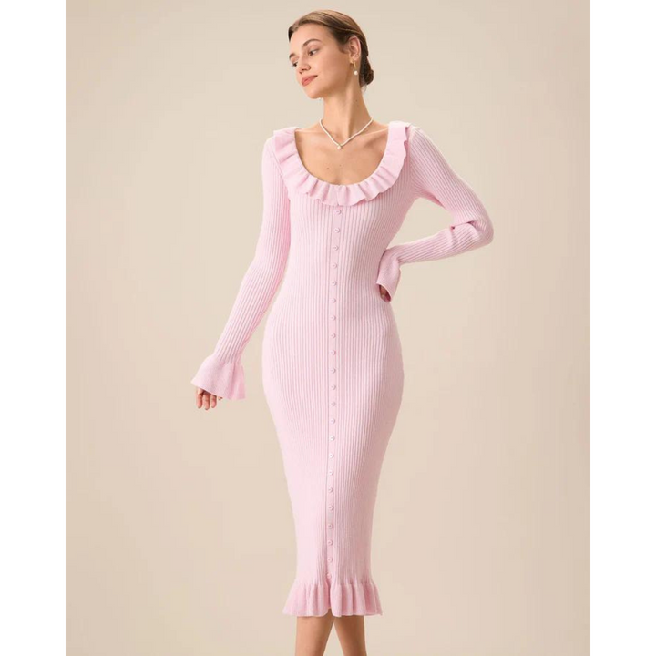 Sarina | Femme Volant Manches Longues Tricoté Robe | Midi