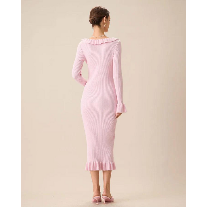 Sarina | Femme Volant Manches Longues Tricoté Robe | Midi