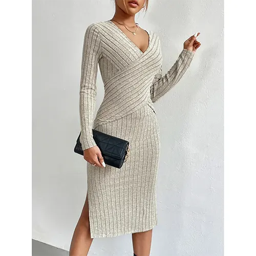 Penelope | Femme Élégante Col En V Manches Longues Soirée Robe  | Midi