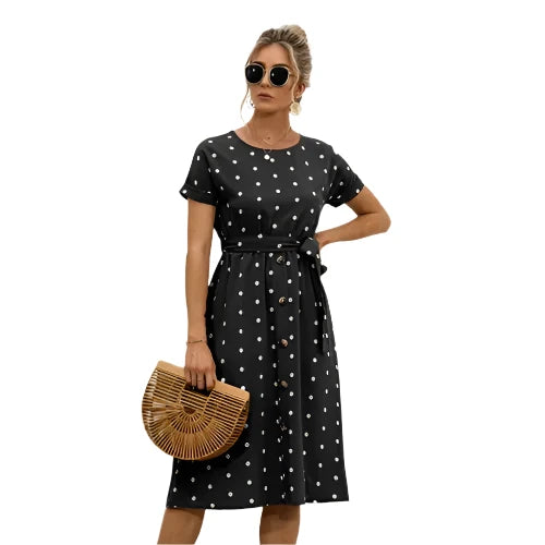 Thalia | Robe Mi Longue À Pois Pour Femme | Manches Courtes