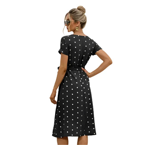 Thalia | Robe Mi Longue À Pois Pour Femme | Manches Courtes